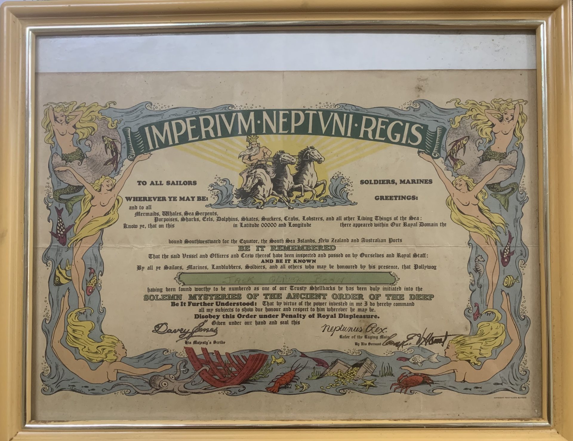 1943 WW2 Shellback Certificate - Picker Place